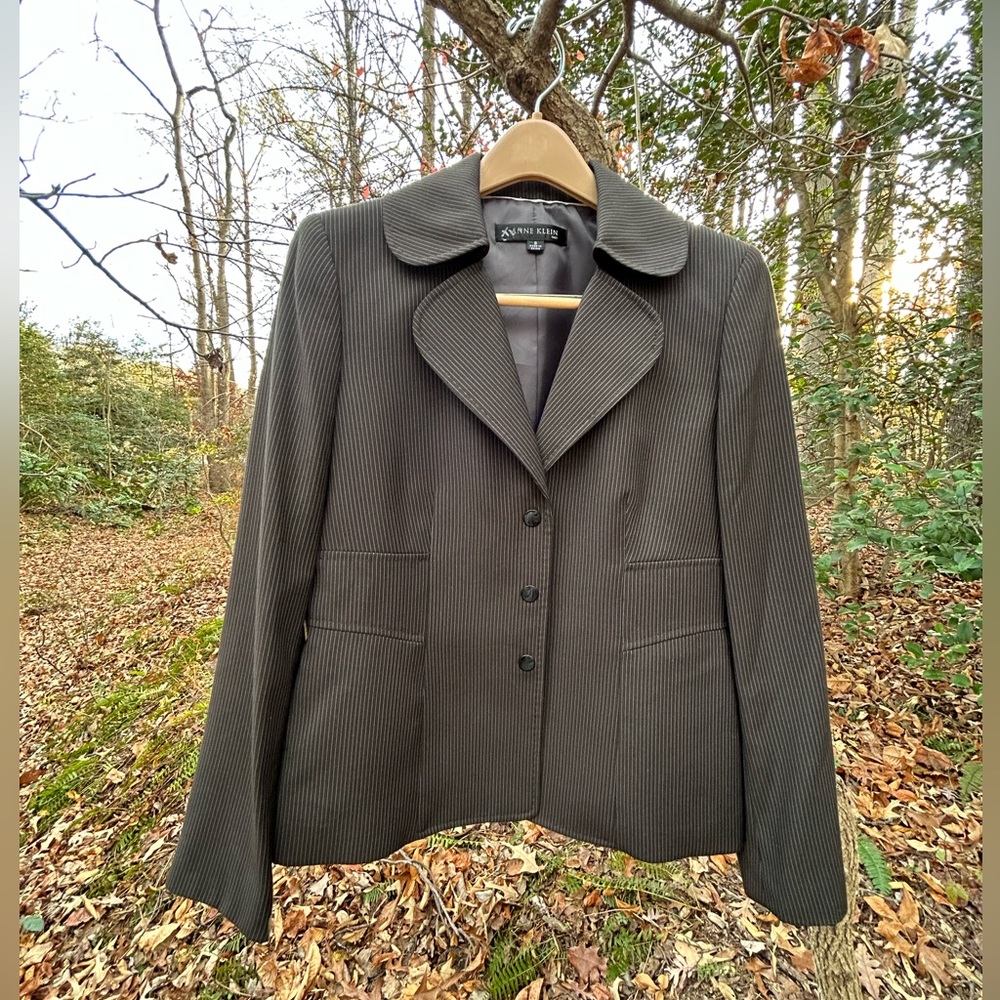 ANNE KLEIN Suit - Vintage Jacket, Pinstripe, Lined, Snap Buttons Sz 8 BLK / BRN